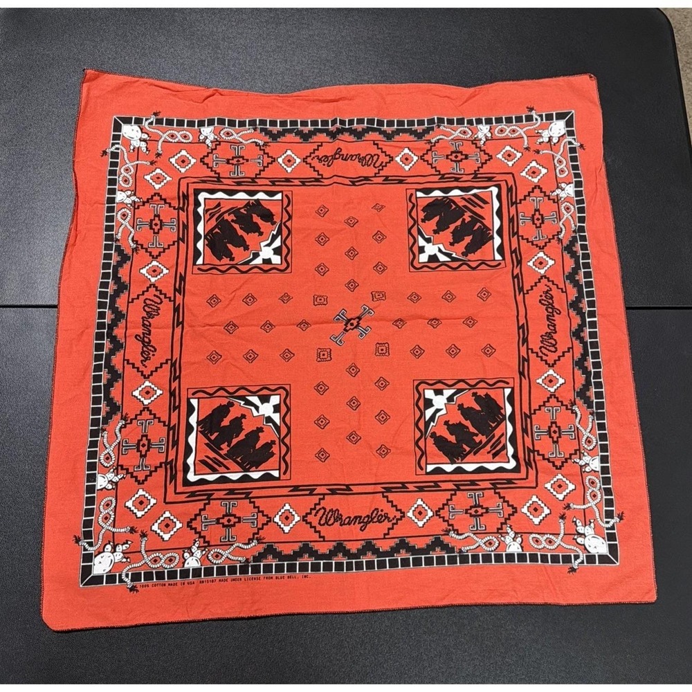 Vintage Wrangler Red Bandana Handkerchief Cowboys Horses Rope Blue Bell